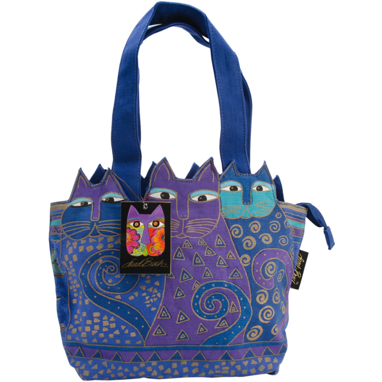 Laurel Burch Medium Tote Zipper Top 12"X3.5"X8.5"-Tres Gatos - Blue & Gold
